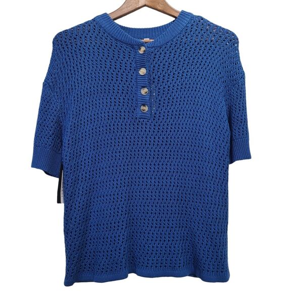 Wishlist Womens Top Blue Open Knit with Buttons Blouse Size Small - Picture 2 of 10